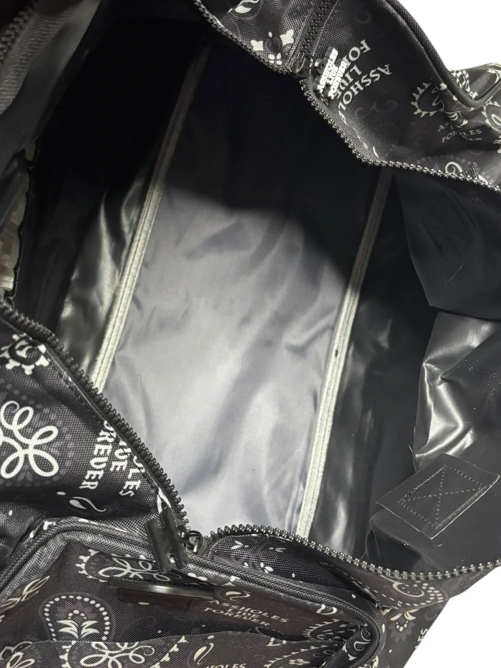 Assholes Live Forever Emotional Baggage Black Paisley Duffel Bag NWOT